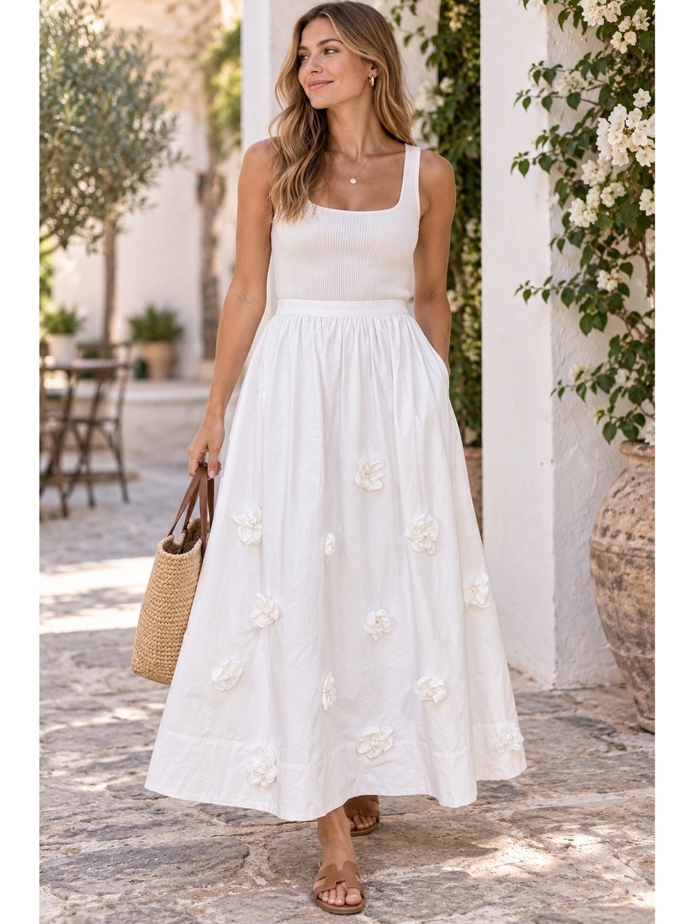 ENGLISH FACTORY 3D Flower Appliqué Maxi Skirt White NWT Medium - Picture 2 of 7